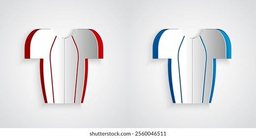 Paper cut Cycling t-shirt icon isolated on grey background. Cycling jersey. Bicycle apparel. Paper art style. Vector