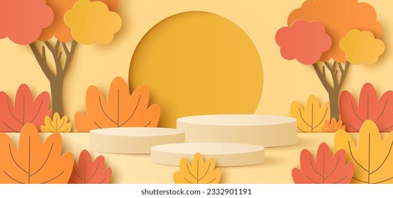 Paper cut of cylinder podium, geometric shapes with autumn landscape for products display presentation. Vector illustration