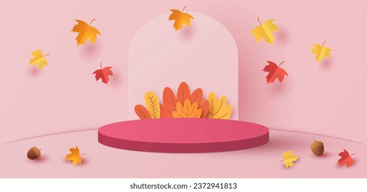 Paper cut of cylinder podium, geometric shapes autumn backgrounds for products display presentation. Vector illustration