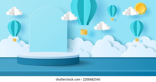 Papier-Schnitt von Zylinder-Podium mit Heißluft-Ballons, Sonne und Wolken auf blauem Himmel Hintergrund für Ihre Produkte Display-Präsentation.