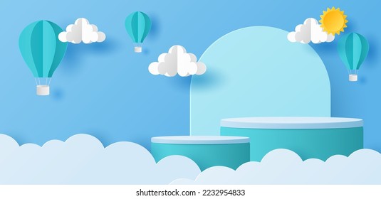 Paper cut of cylinder podium with hot air balloons, sun and clouds on blue sky background  for your products display presentation.