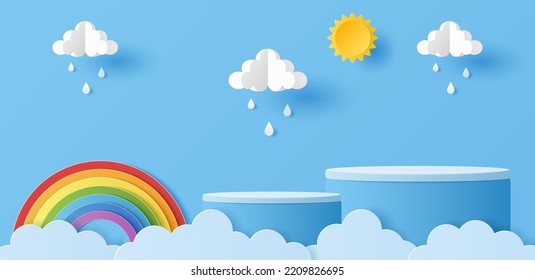 Corte de papel del podio de los cilindros para los productos de presentación con sol, nubes, gotas de lluvia y arco iris. Ilustración del vector