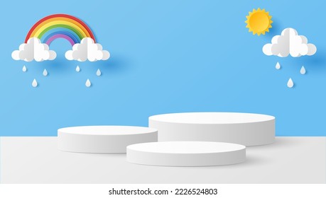 Paper cut of cylinder podium for products display presentation with sun, clouds, raindrops and rainbow. Vector illustration