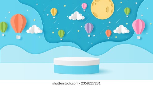 Corte de papel del podio de cilindro para la presentación de los productos. Luna con globos de aire caliente, nubes y estrella de tiro. Tarjeta de ducha para niños, cartel. Ilustración vectorial.