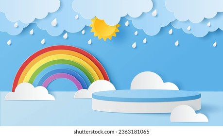 Paper cut of cylinder podium for products display presentation with sun, clouds, raindrops and rainbow. Vector illustration