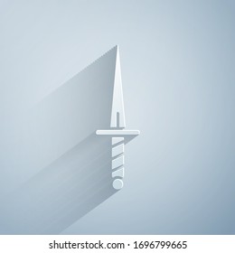 Paper cut Dagger icon isolated on grey background. Knife icon. Sword with sharp blade. Paper art style. Vector Illustration