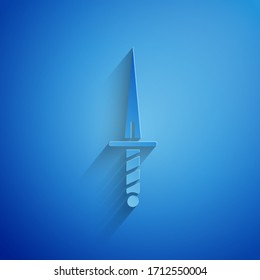 Paper cut Dagger icon isolated on blue background. Knife icon. Sword with sharp blade. Paper art style. Vector Illustration