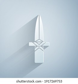 Paper cut Dagger icon isolated on grey background. Knife icon. Sword with sharp blade. Paper art style. Vector