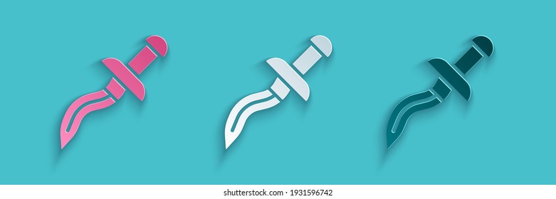 Paper cut Dagger icon isolated on blue background. Knife icon. Sword with sharp blade. Paper art style. Vector