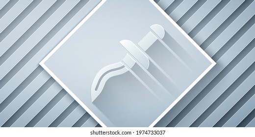 Paper cut Dagger icon isolated on grey background. Knife icon. Sword with sharp blade. Paper art style. Vector