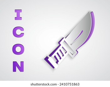 Papierschnitt Dagger Symbol einzeln auf grauem Hintergrund. Knife-Symbol. Schwert mit scharfem Blade. Kunststil aus Papier. Vektorgrafik