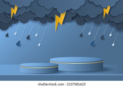 Paper Cut Of Dark Blue Color Cylinder Podium For Products Display Presentation And Clouds, Rain Drops With Lightning, Copy Space. Vector Illustration