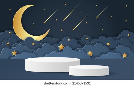 Paper cut of dark blue color cylinder podium for products display presentation. Night clouds and crescent moon with shooting star for baby boy shower card