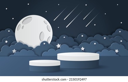 Paper cut of dark blue color cylinder podium for products display presentation. Night clouds and moon with shooting star for baby boy shower card