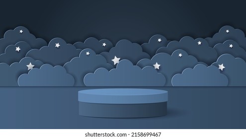 Paper cut of dark blue color cylinder podium for products display presentation. Night clouds and stars for baby boy shower card