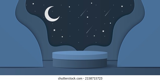 Corte de papel del podio del cilindro de color azul oscuro para la presentación de los productos. Nubes nocturnas y luna con estrella fugaz para bebé tarjeta de ducha