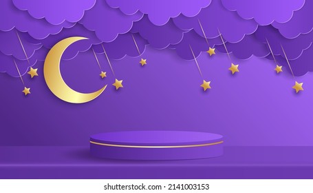 Paper cut of dark purple color cylinder podium for products display presentation. Night clouds and crescent moon with shooting star. Good night and sweet dream concept.