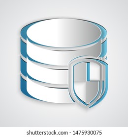 Paper cut Database protection icon isolated on grey background. Secure database icon. Paper art style. Vector Illustration
