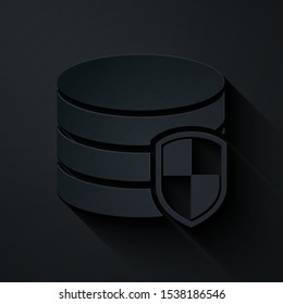 Paper cut Database protection icon isolated on black background. Secure database icon. Paper art style. Vector Illustration
