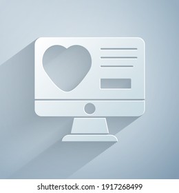 Paper cut Dating app online computer concept icon isolated on grey background. Female male profile flat design. Couple match for relationship. Paper art style. Vector