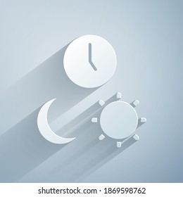 Paper cut Day and night with time icon isolated on grey background. Paper art style. Vector