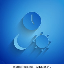 Paper cut Day and night with time icon isolated on blue background. Paper art style. Vector
