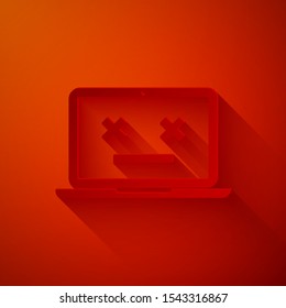 Paper cut Dead laptop icon isolated on red background. 404 error like laptop with dead emoji. Fatal error in pc system. Paper art style. Vector Illustration