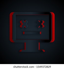 Paper cut Dead monitor icon isolated on black background. 404 error like pc with dead emoji. Fatal error in pc system. Paper art style. Vector Illustration