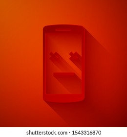 Paper cut Dead phone icon isolated on red background. Deceased digital device emoji symbol. Corpse smartphone showing facial emotion. Paper art style. Vector Illustration