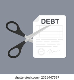 Paper cut. Debt. Bills cutting with scissors. Investment risk and account budget loss. A paper sheet with a signature and seal. Business concept. Vector illustration