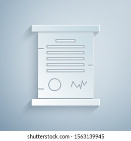 Paper cut Decree, paper, parchment, scroll icon icon isolated on grey background. Paper art style. Vector Illustration