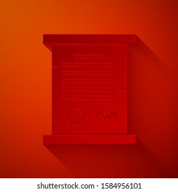 Paper cut Decree, paper, parchment, scroll icon icon isolated on red background. Paper art style. Vector Illustration