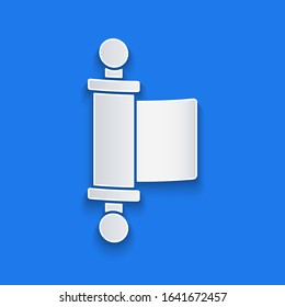 Paper cut Decree, paper, parchment, scroll icon icon isolated on blue background. Chinese scroll. Paper art style. Vector Illustration