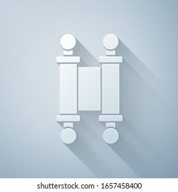 Paper cut Decree, paper, parchment, scroll icon icon isolated on grey background. Chinese scroll. Paper art style. Vector Illustration