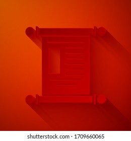 Paper cut Decree, paper, parchment, scroll icon icon isolated on red background. Chinese scroll. Paper art style. Vector Illustration