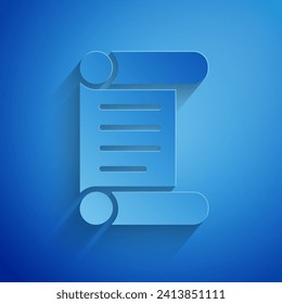 Recorte de papel Decreto, papel, pergamino, icono de desplazamiento aislado en fondo azul. Estilo de arte de papel. Vector