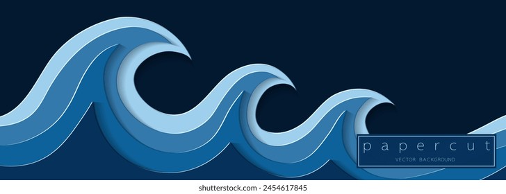 Paper cut deep blue water wave on dark blue  background. Cutout minimalistic luxury layered ocean waves . 3D frame icon for posters and flyers, presentation, web, social media, design and banner.