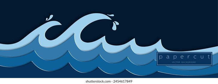 Papel cortado onda de agua azul profundo sobre fondo azul oscuro. Ondas oceánicas en capas de lujo minimalistas. Icono de marco 3D para carteles y volantes, presentación, Web, redes sociales, diseño y Anuncio.