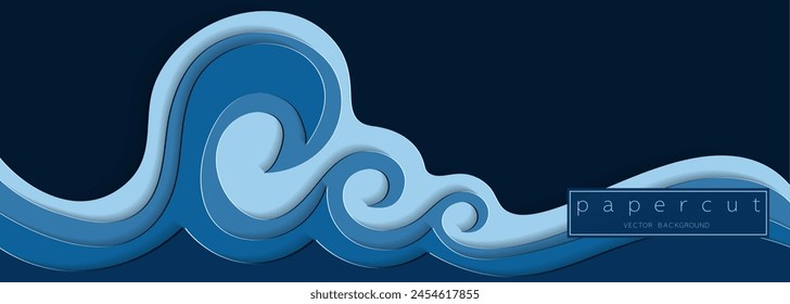Paper cut deep blue water wave on dark blue  background. Cutout minimalistic luxury layered ocean waves . 3D frame icon for posters and flyers, presentation, web, social media, design and banner.