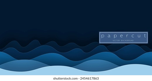 Paper cut deep blue water wave on dark blue  background. Cutout minimalistic luxury layered ocean waves . 3D frame icon for posters and flyers, presentation, web, social media, design and banner.