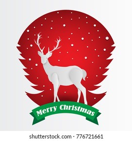Paper cut deer couple in snowy tree forest. Merry Christmas Greeting card. Origami winter season. Happy New Year. art style. moon night