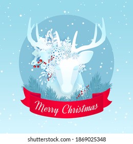 Paper cut deer decorated with snowflakes and red berries. Christmas greeting card.