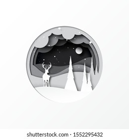 Paper cut of deer and pine forest winter season landscape. Merry christmas and happy new year concept background.