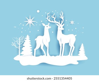 Paper cut deer silhouette on a blue winter background. Natural forest banner for card, invitation, congratulation,ticket, leaflet and so on.