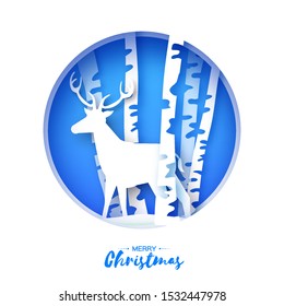 Paper cut deer in snowy birch forest. Merry Christmas Greeting card. Origami winter season. Happy New Year. Birch trunk. Paper art style. Blue gradient background. Circle frame. Vector 