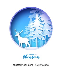 Paper cut deer in snowy forest and landscape. Merry Christmas Greeting card.Origami winter season. Happy New Year. Paper art style. Blue background. Snowafall. Circle Frame. Vector