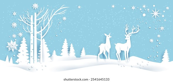 Paper cut deers silhouette on a blue snowy background. Natural winter banner for card, invitation, congratulation,ticket, leaflet and so on.