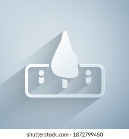 Paper cut Deforestation icon isolated on grey background. Chopping forest, destruction of wood. Danger for ecology and air pollution. Paper art style. Vector