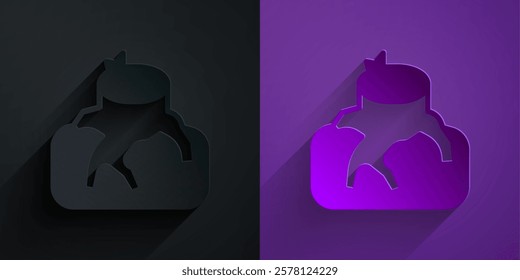 Paper cut Deforestation icon isolated on black on purple background. Chopping forest, destruction of wood. Danger for ecology and air pollution. Paper art style. Vector