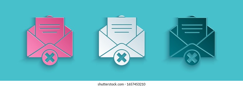 Paper cut Delete envelope icon isolated on blue background. Delete or error letter. Cross on message. Rejected mail. Paper art style. Vector Illustration